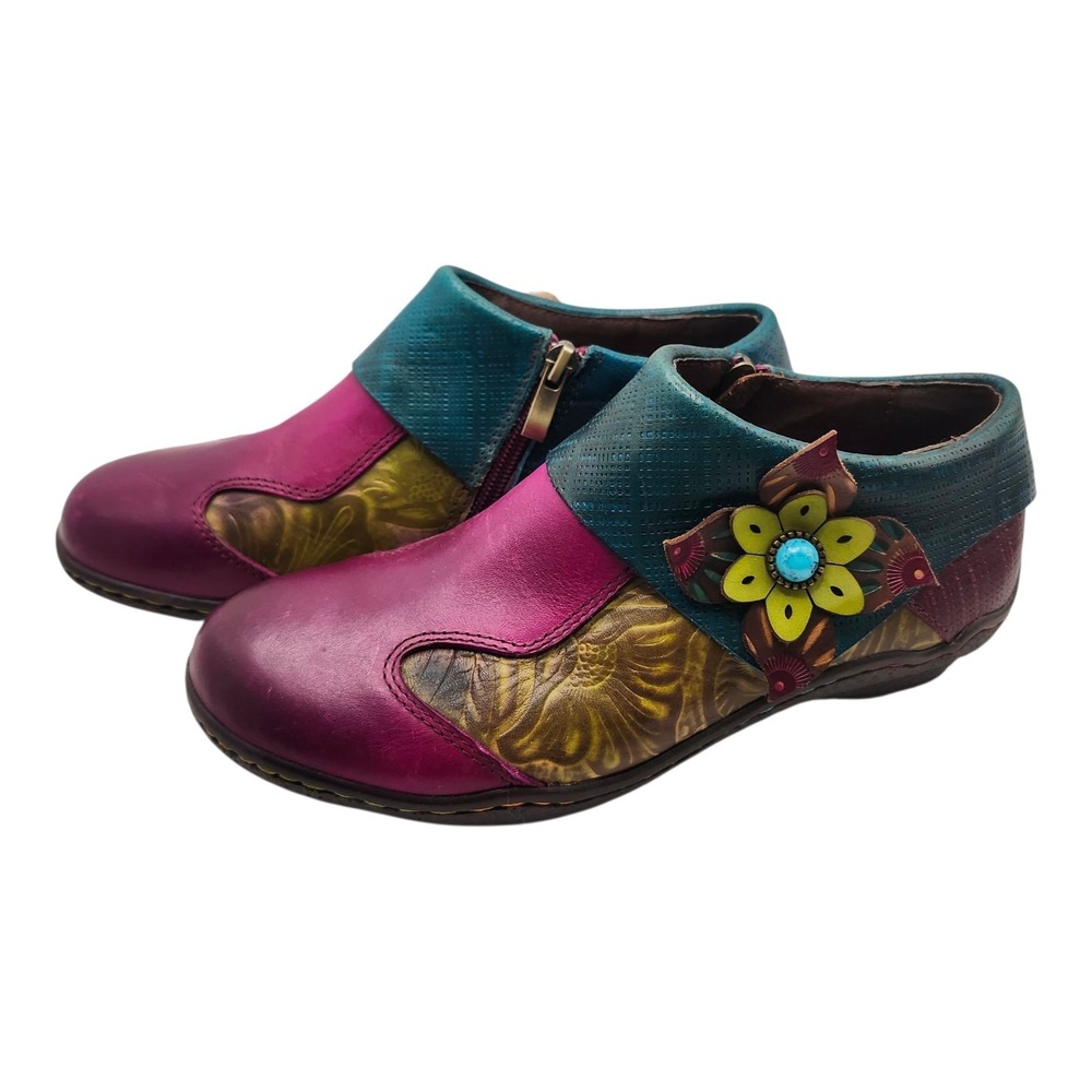 Socofy Floral Leather Ankle Boots Multicolor Zip Flower Detail‎ Size 38 US 7.5-8